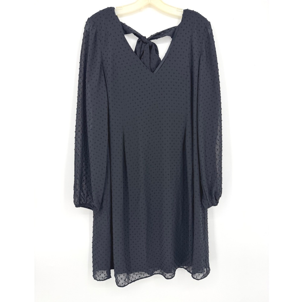 Nine West Womens Black Swiss Dot‎ Long Sleeve Back Tie Dress Medium